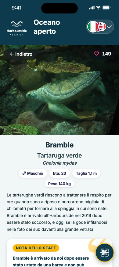 Bramble the green sea turtle's profile in Italian, with the language flags at the top