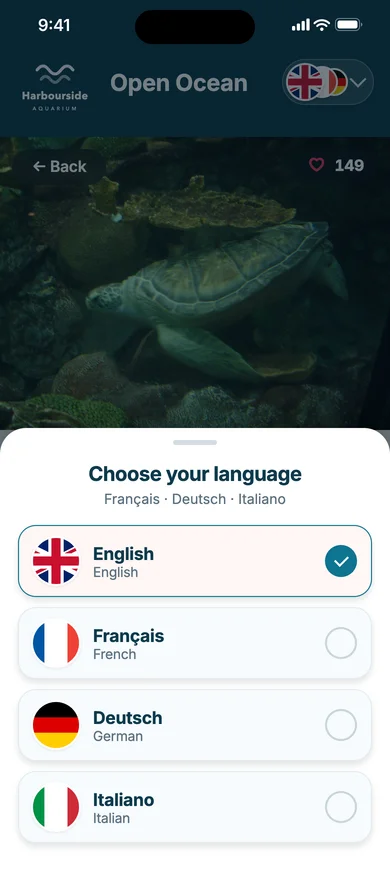 Choosing a language from the flags: English, Français, Deutsch and Italiano