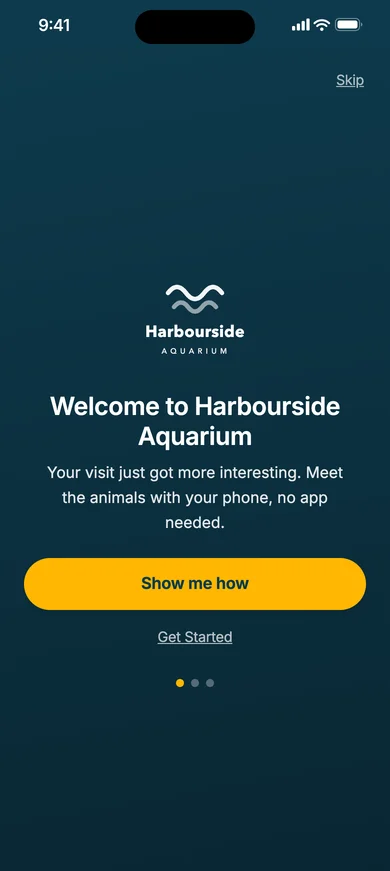 The welcome screen of Harbourside Aquarium's guide