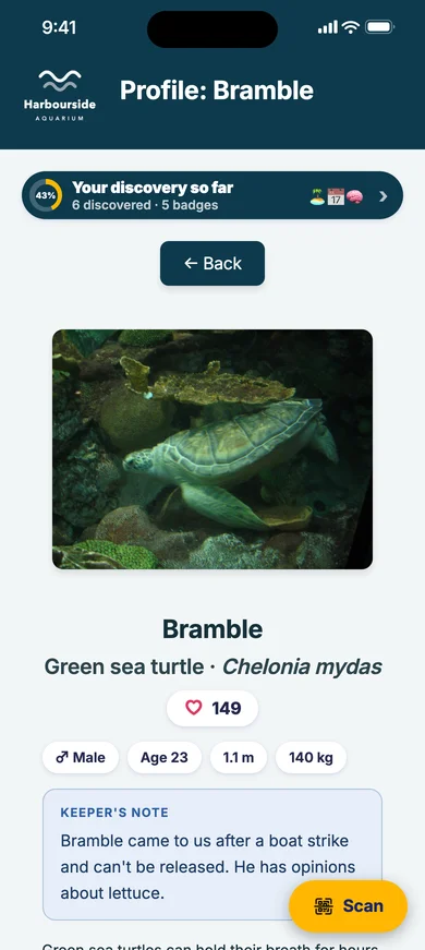 Bramble the green sea turtle's profile, with a keeper's note