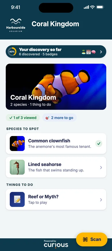 The Coral Kingdom exhibit page: a clownfish and a seahorse to spot, and the Reef or Myth? quiz