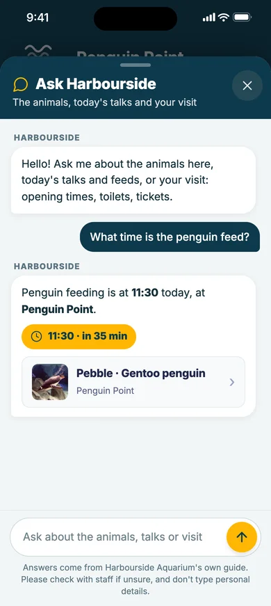 In the Harbourside guide, a visitor asks what time the penguin feed is: Penguin feeding at 11:30, in 35 minutes, with Pebble the gentoo penguin's card