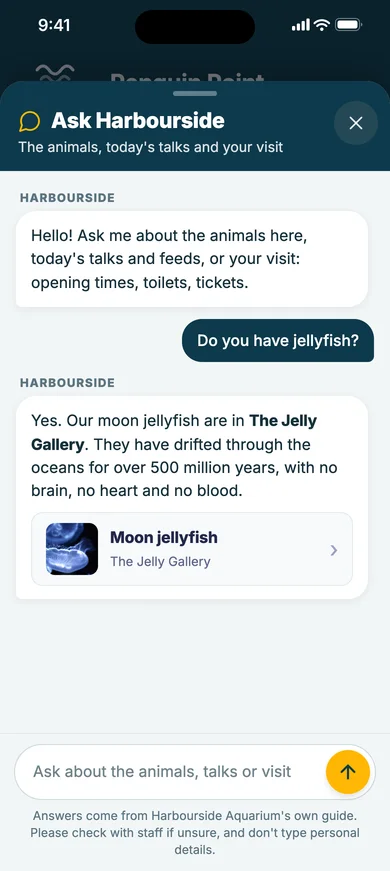 A visitor asks whether there are jellyfish: yes, the moon jellyfish in The Jelly Gallery, with their card