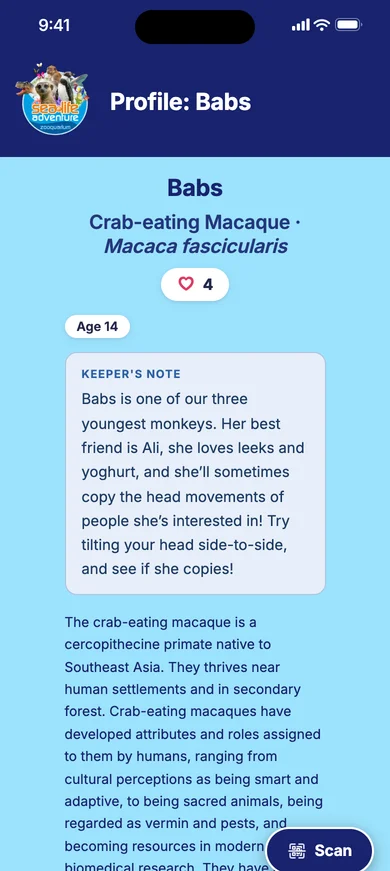 Babs the crab-eating macaque's profile at Sealife Adventure: age 14 and a keeper's note