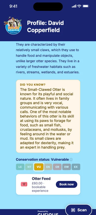 David Copperfield the otter's profile at Sealife Adventure, showing his IUCN Red List status: Vulnerable