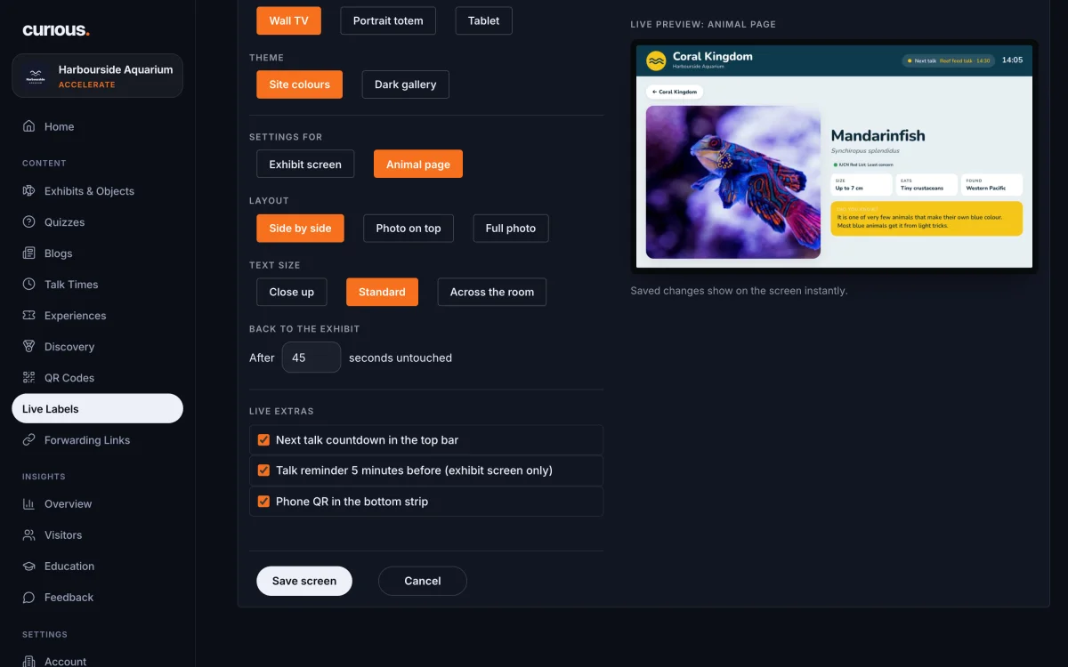 The animal page settings for a screen: layout, text size and how long before it goes back to the exhibit, with a live preview