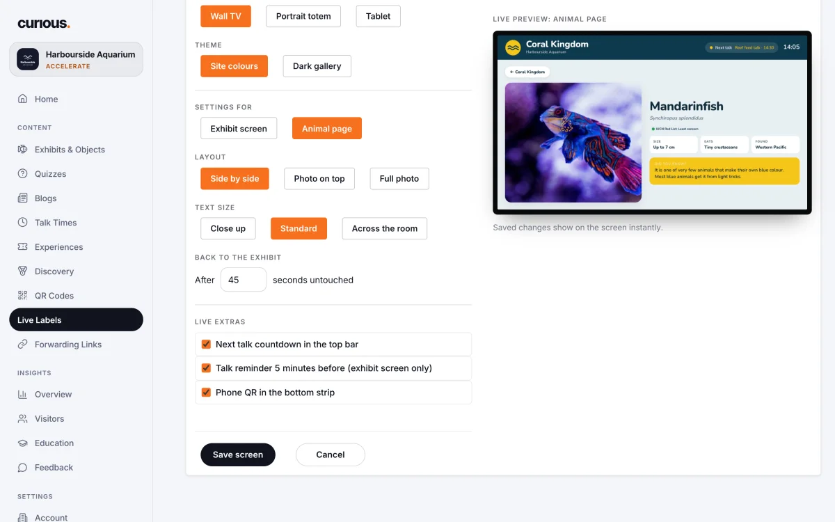 The animal page settings for a screen: layout, text size and how long before it goes back to the exhibit, with a live preview