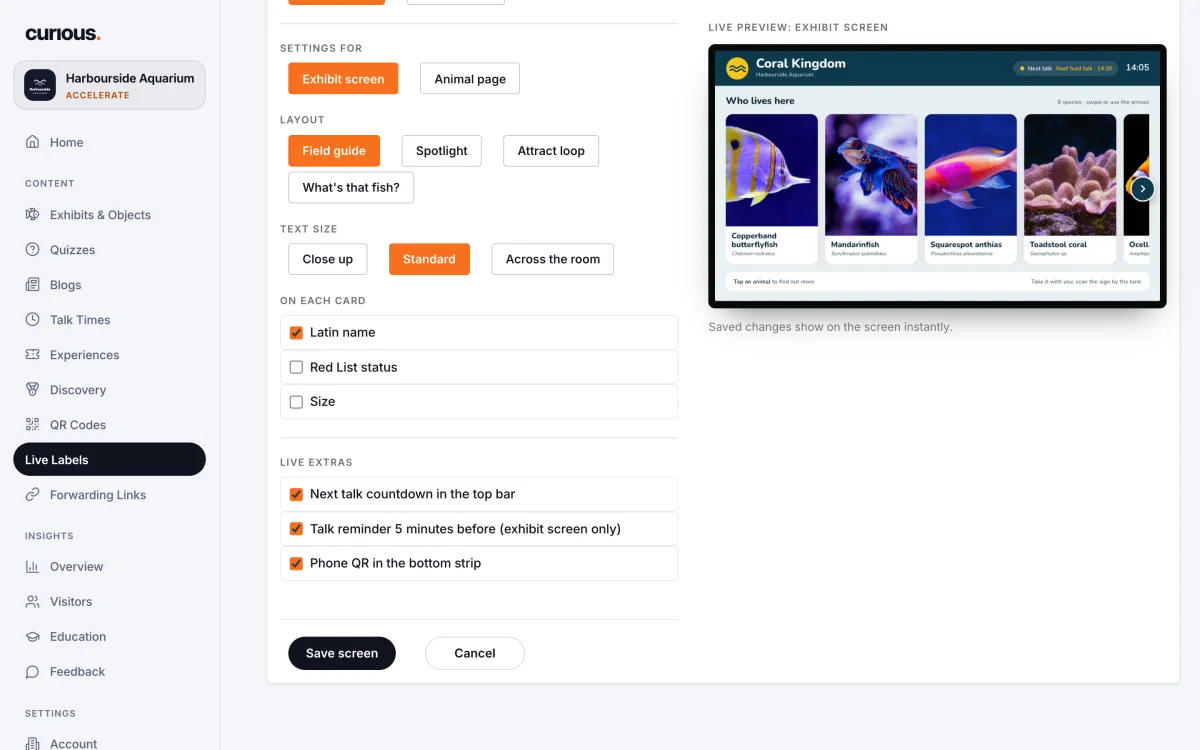 Editing a screen in the portal: layout, text size and what each card shows, with a live preview of the exhibit screen