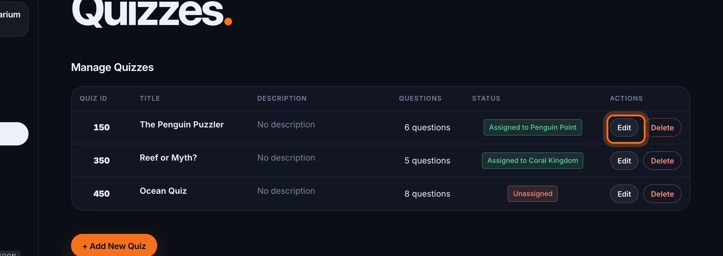 Step 2: Click Edit in the quiz's row.