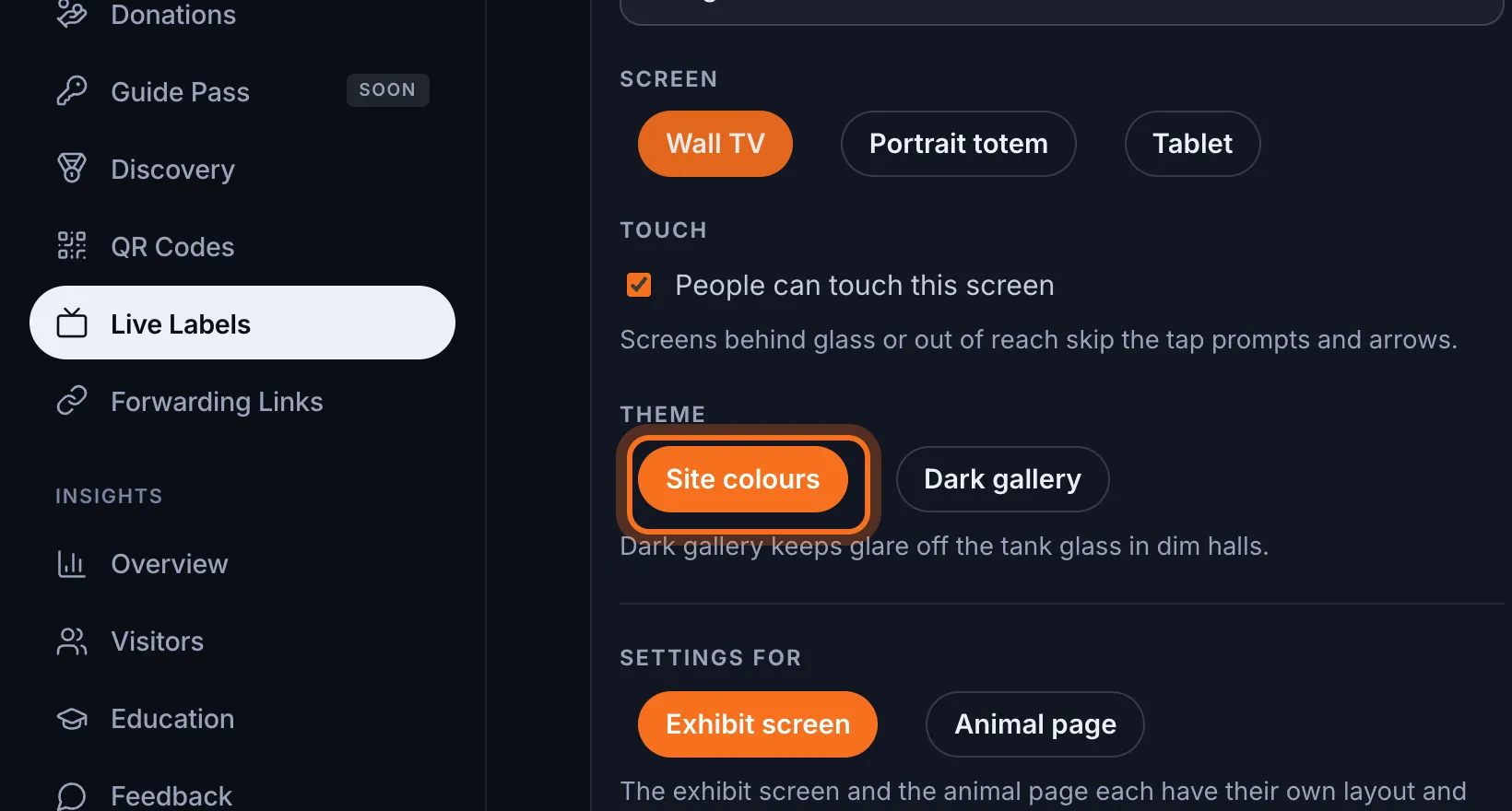 Step 5: Choose a Theme: Site colours, or Dark gallery to keep glare off the tank glass in dim halls.