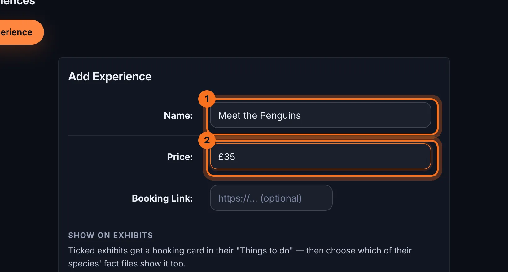 Step 3: Type the experience's Name and Price.
