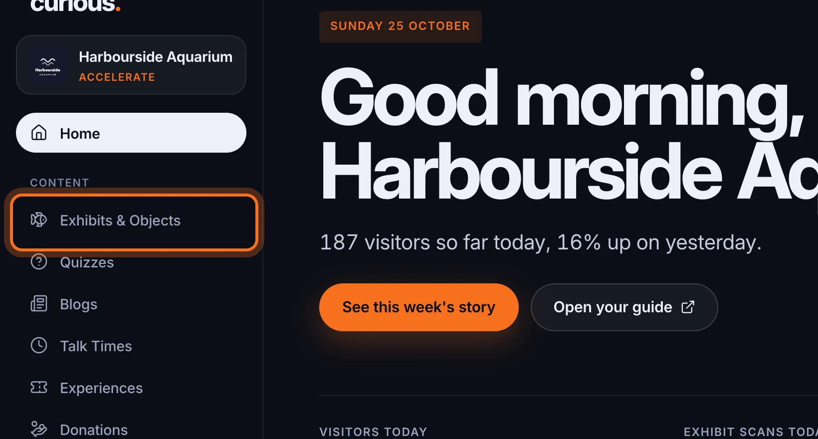 Step 1: In the sidebar, under Content, click Exhibits & Objects.