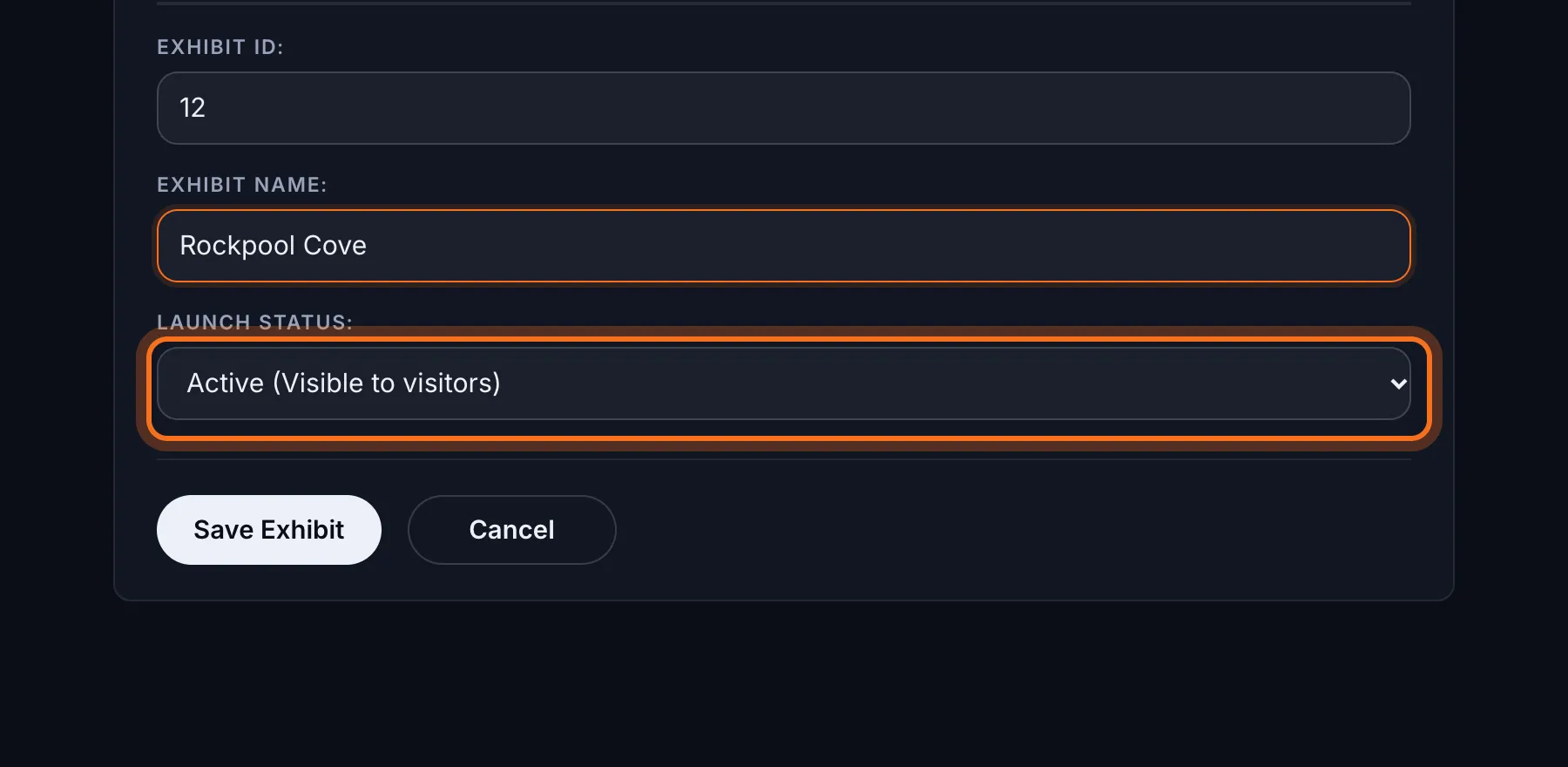 Step 4: Leave Launch Status on Active to show the exhibit to visitors straight away, or choose Hidden while you set it up.