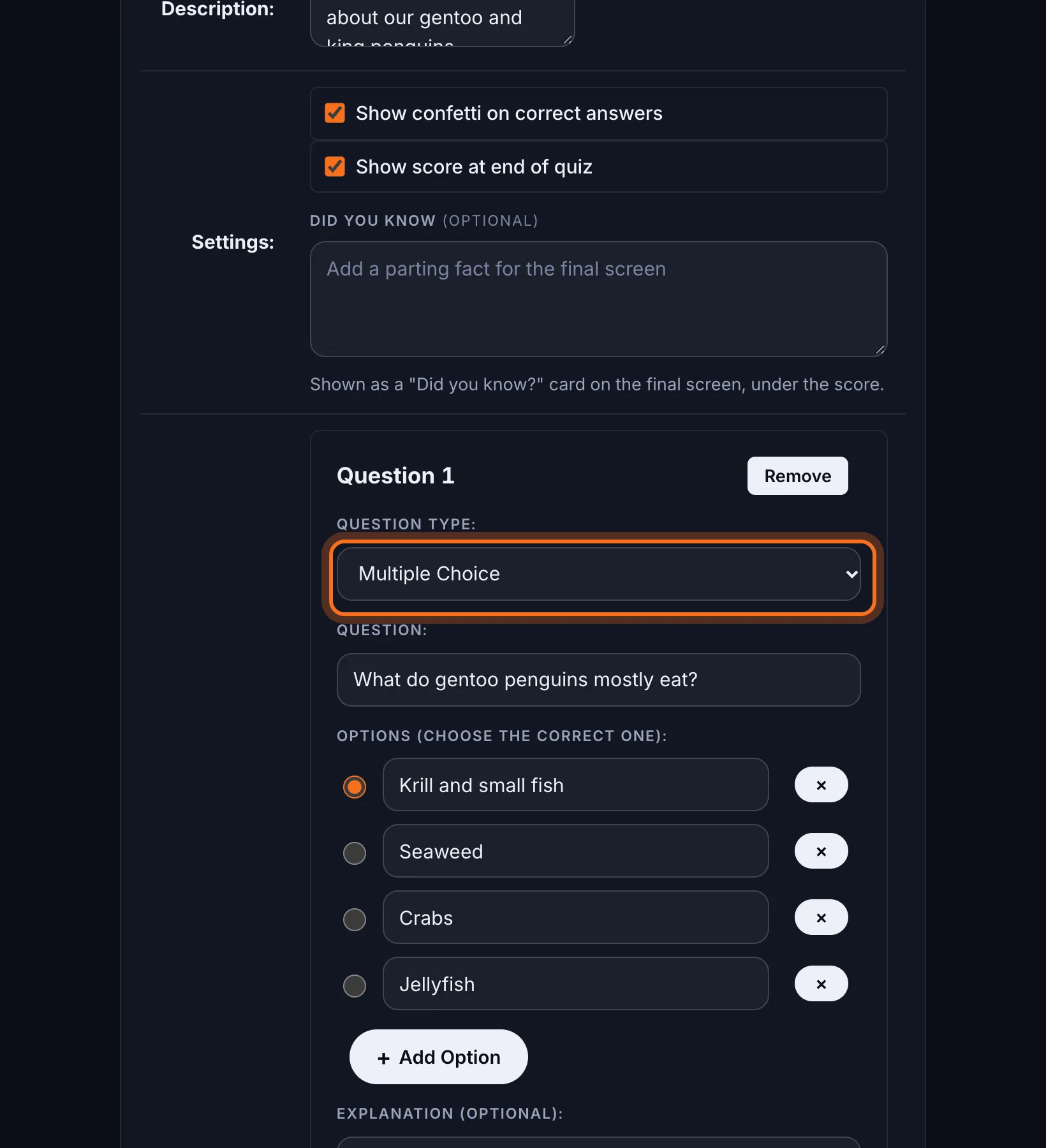 Step 3: Choose the Question Type first. Each type has its own kind of answer, so changing it clears answers you've already typed (you're asked first).