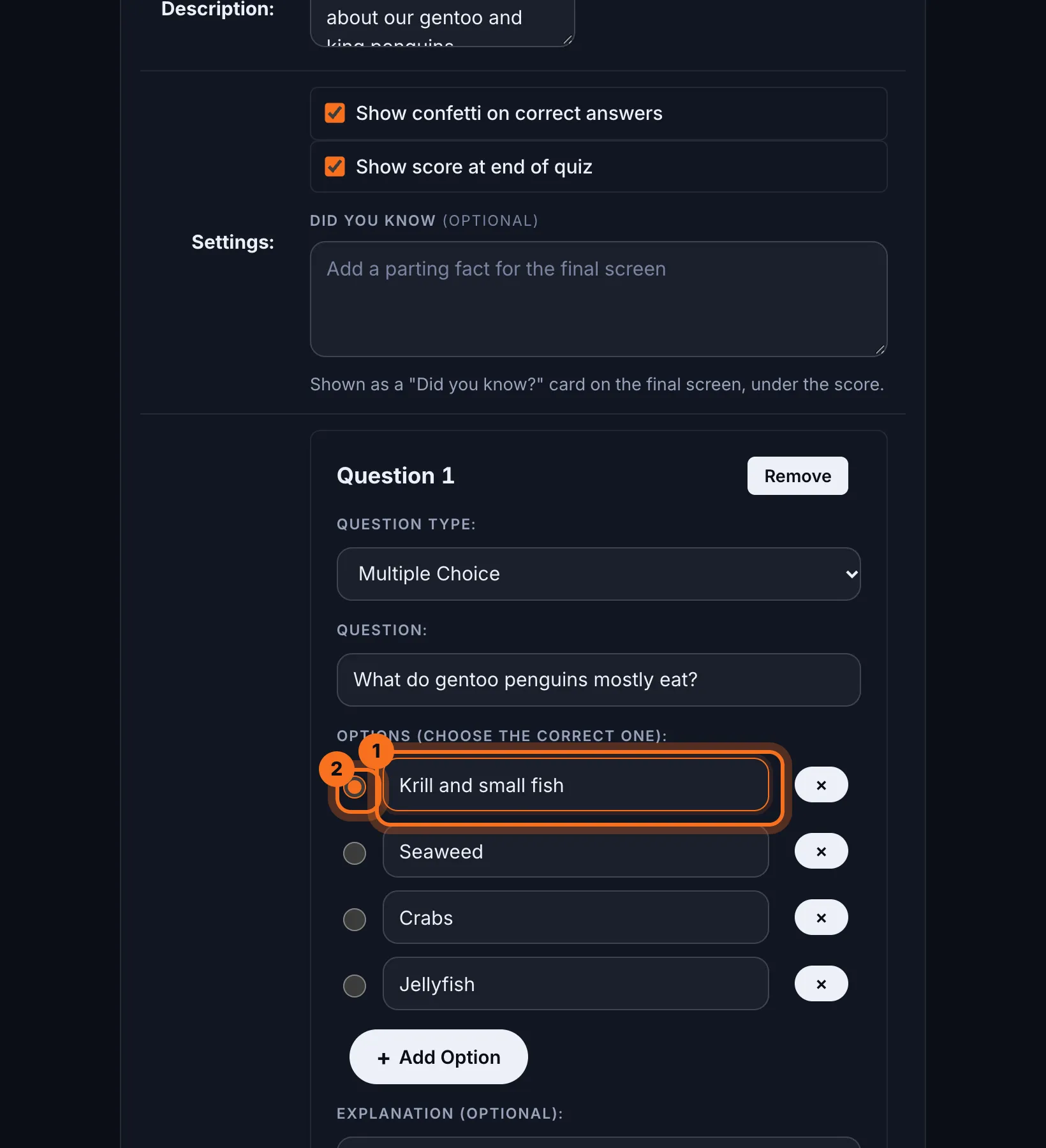 Step 5: Fill in the answers. For Multiple Choice, type every choice under Options, then click the circle beside the right one.