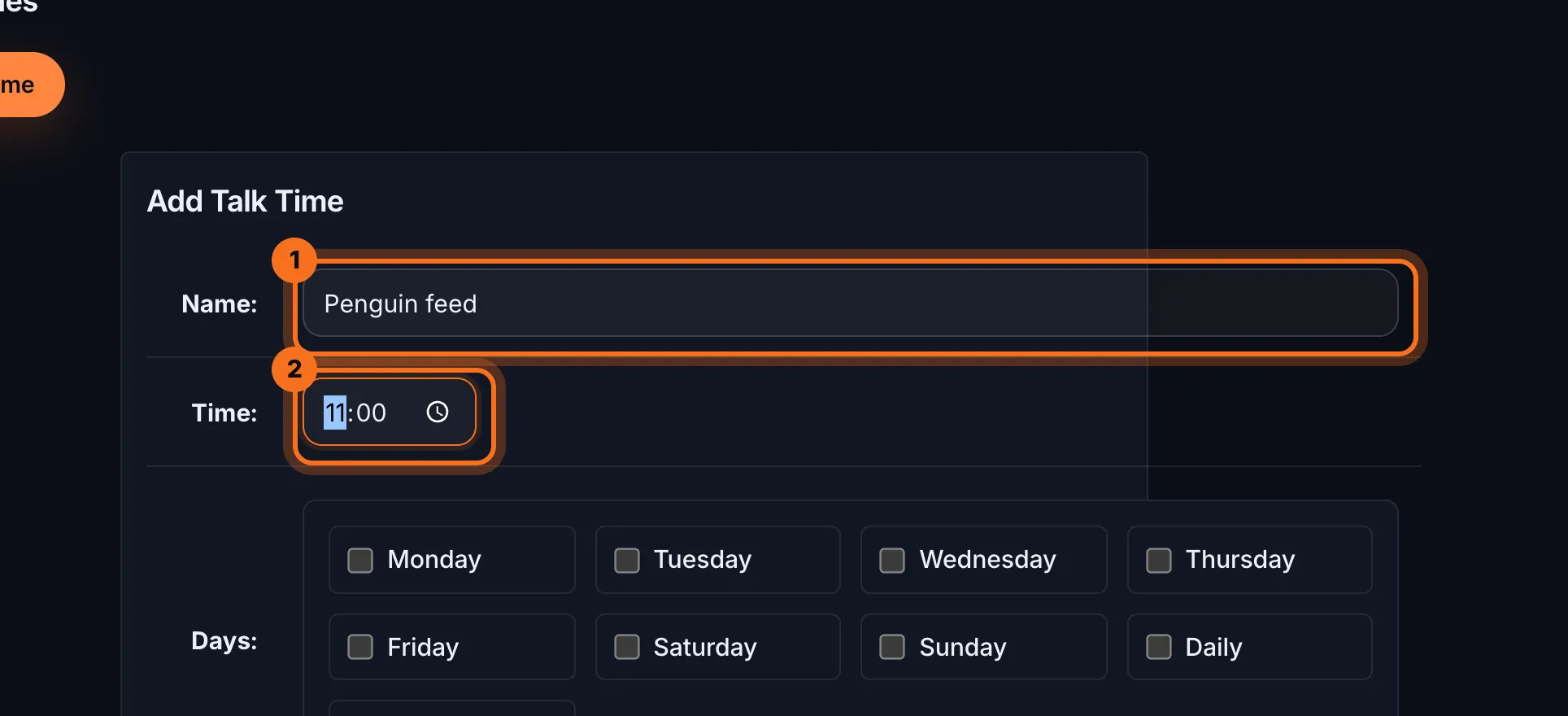 Step 3: Type the talk's Name and its start Time.