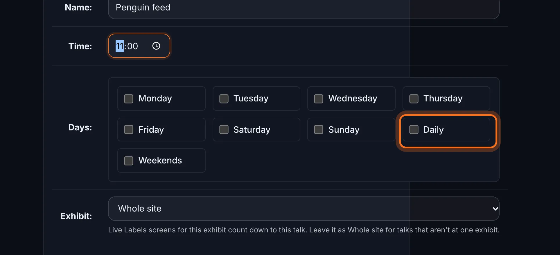 Step 4: Under Days, tick the days it runs. Tick Daily for every day, or Weekends for Saturday and Sunday.