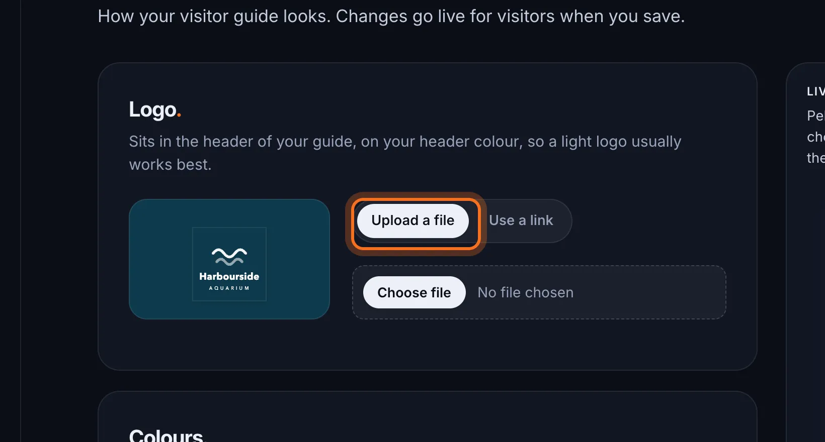 Step 2: Under Logo, choose Upload a file.