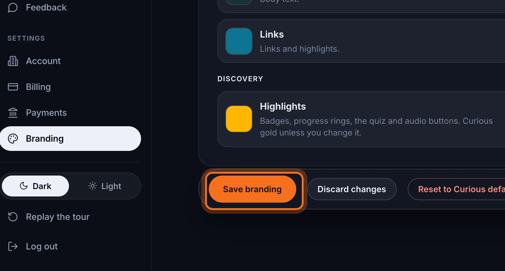 Step 4: Click Save branding. You'll see “Logo uploaded successfully!” and your guide shows the new logo.