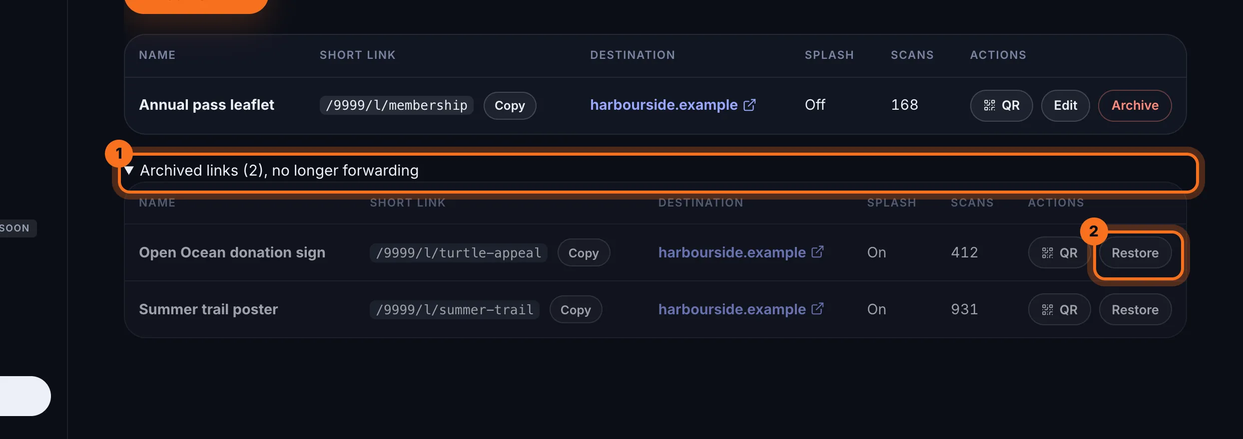 Step 4: To bring a link back, open Archived links below the list and click Restore in its row.