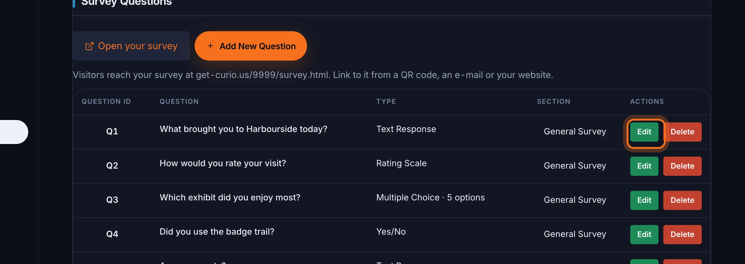 Step 2: Under Survey Questions, find the question and click Edit in its row. The Edit Question form opens below the list.