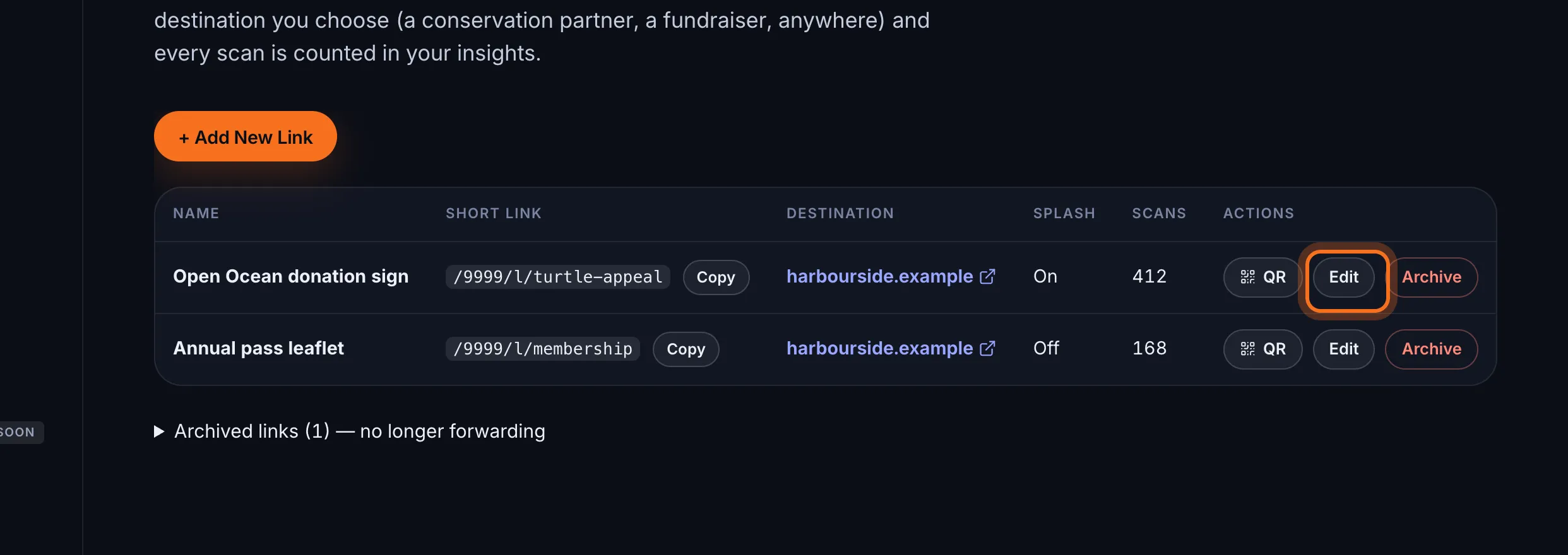 Step 2: In the link's row, click Edit.