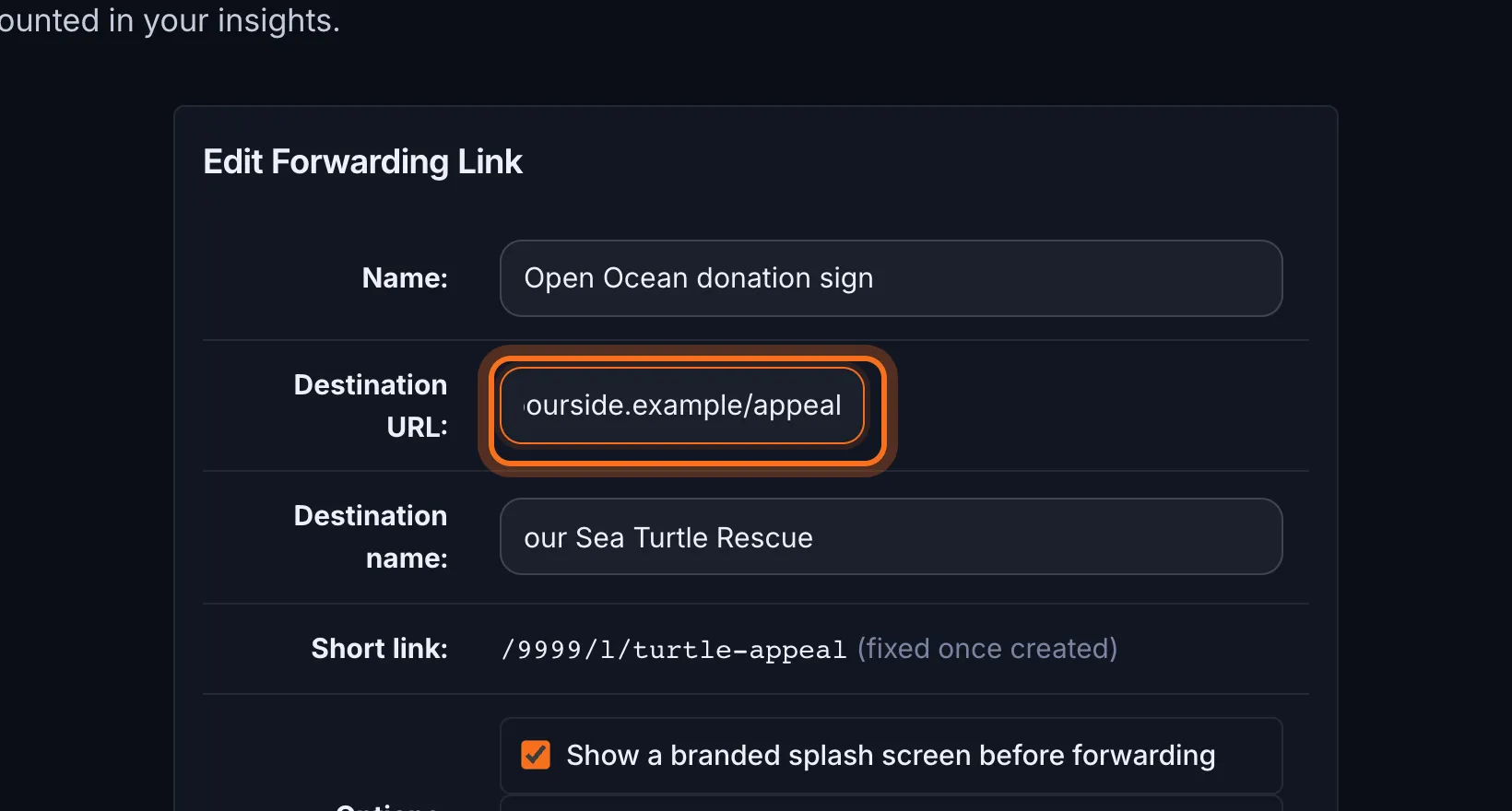Step 3: Paste the new web address into Destination URL.