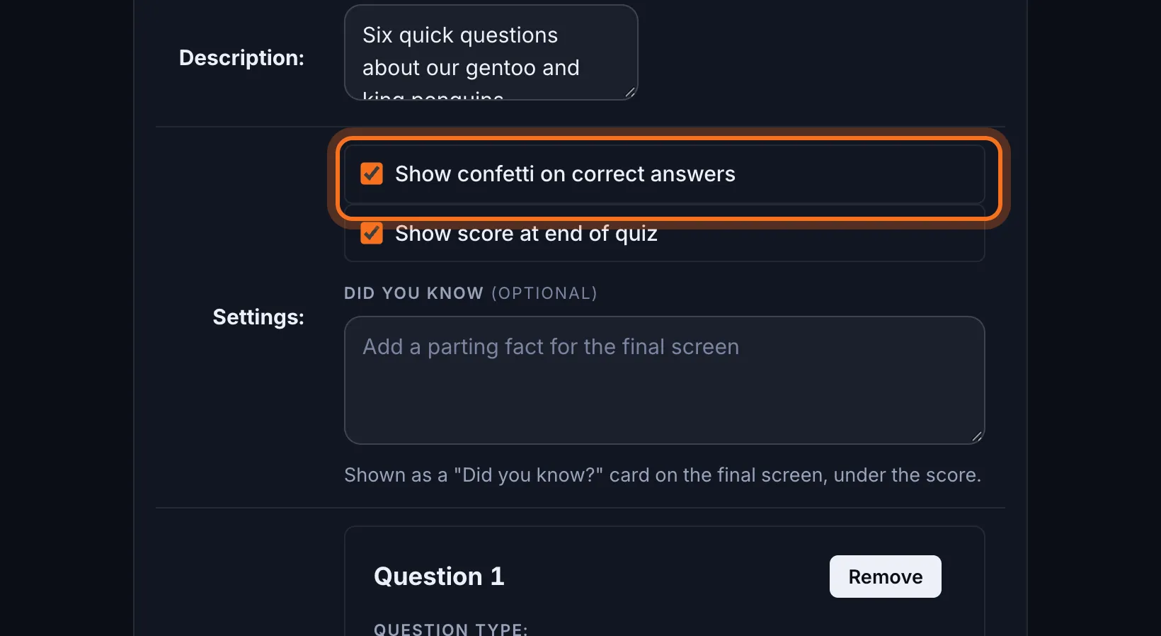 Step 3: Under Settings, tick or untick Show confetti on correct answers.