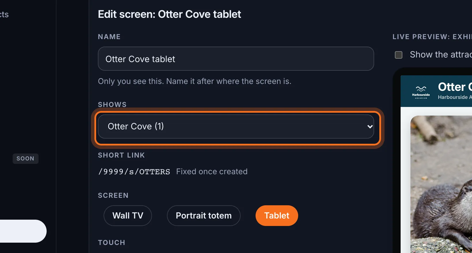 Step 3: To show a different exhibit, choose it under Shows. The number in brackets is how many animals it will show.