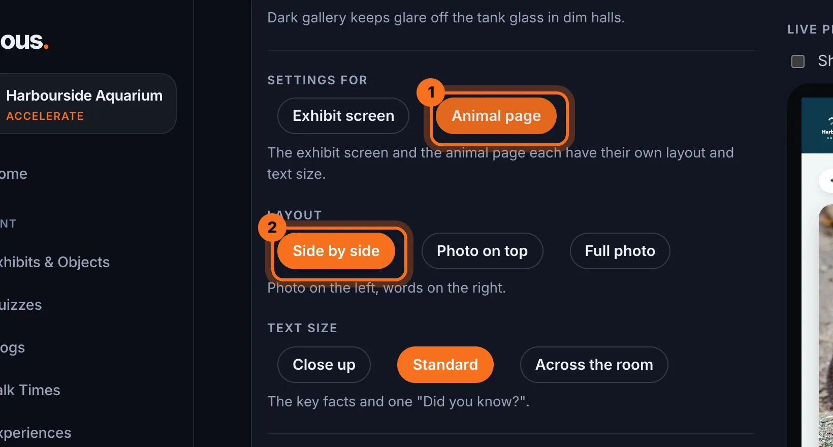 Step 6: Click Animal page to set up the page that opens when someone taps an animal. Choose its Layout (Side by side, Photo on top or Full photo) and its Text size.