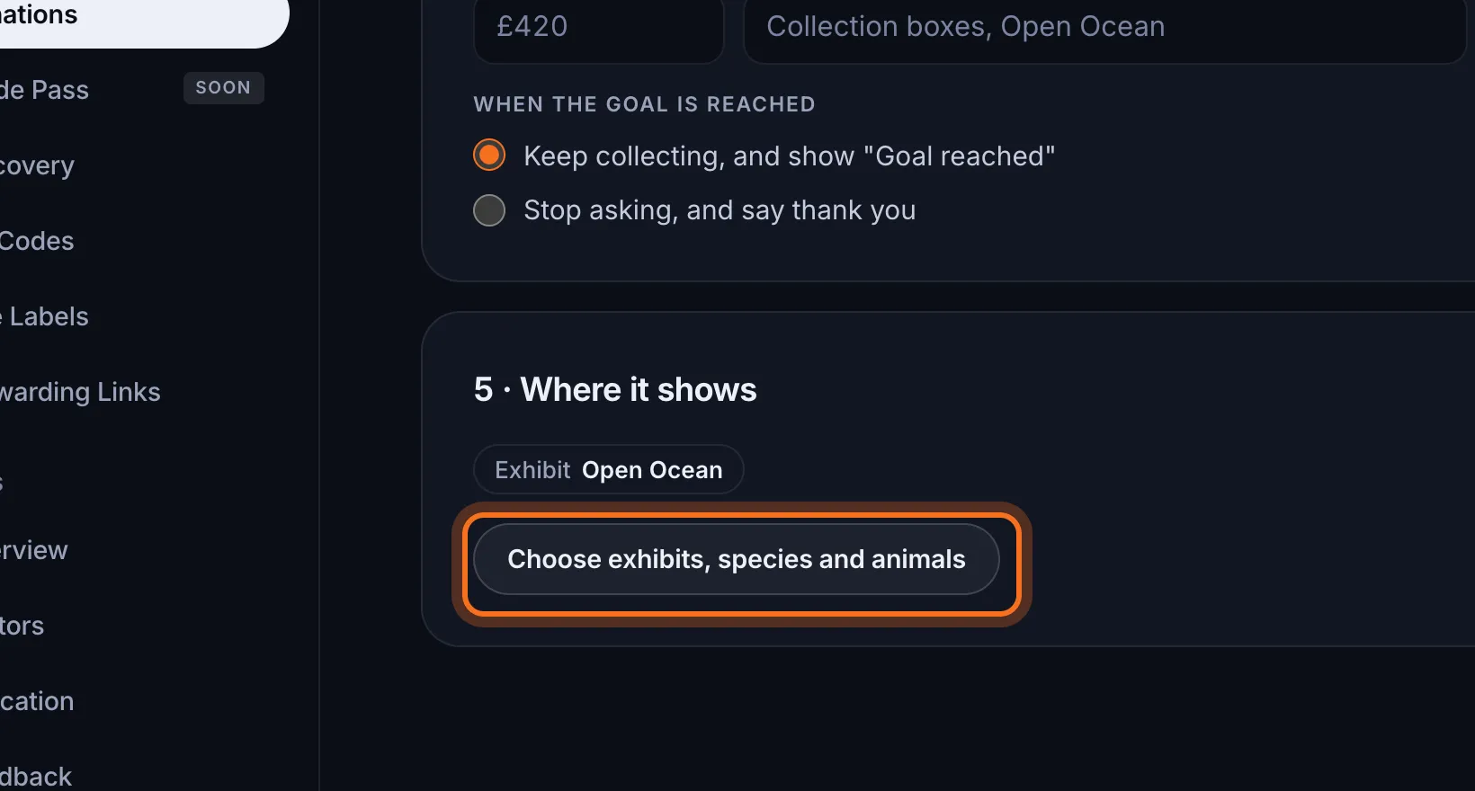 Step 3: Under 5 · Where it shows, click Choose exhibits, species and animals.