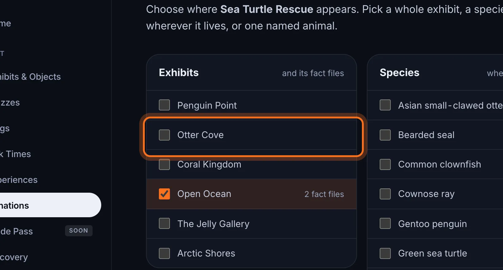 Step 4: Tick the places it should show. Untick any it should leave.