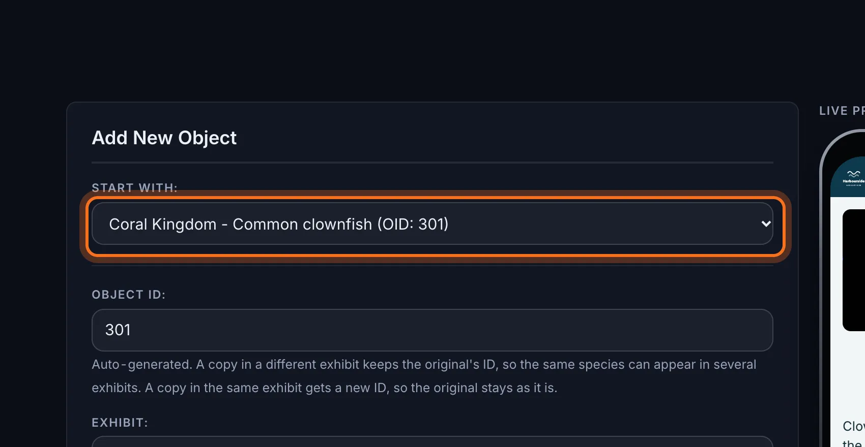 Step 4: In Start with, choose the animal to copy. The list shows each one as exhibit, name and Object ID. Its whole fact file, photo included, fills in below and shows in the phone preview.
