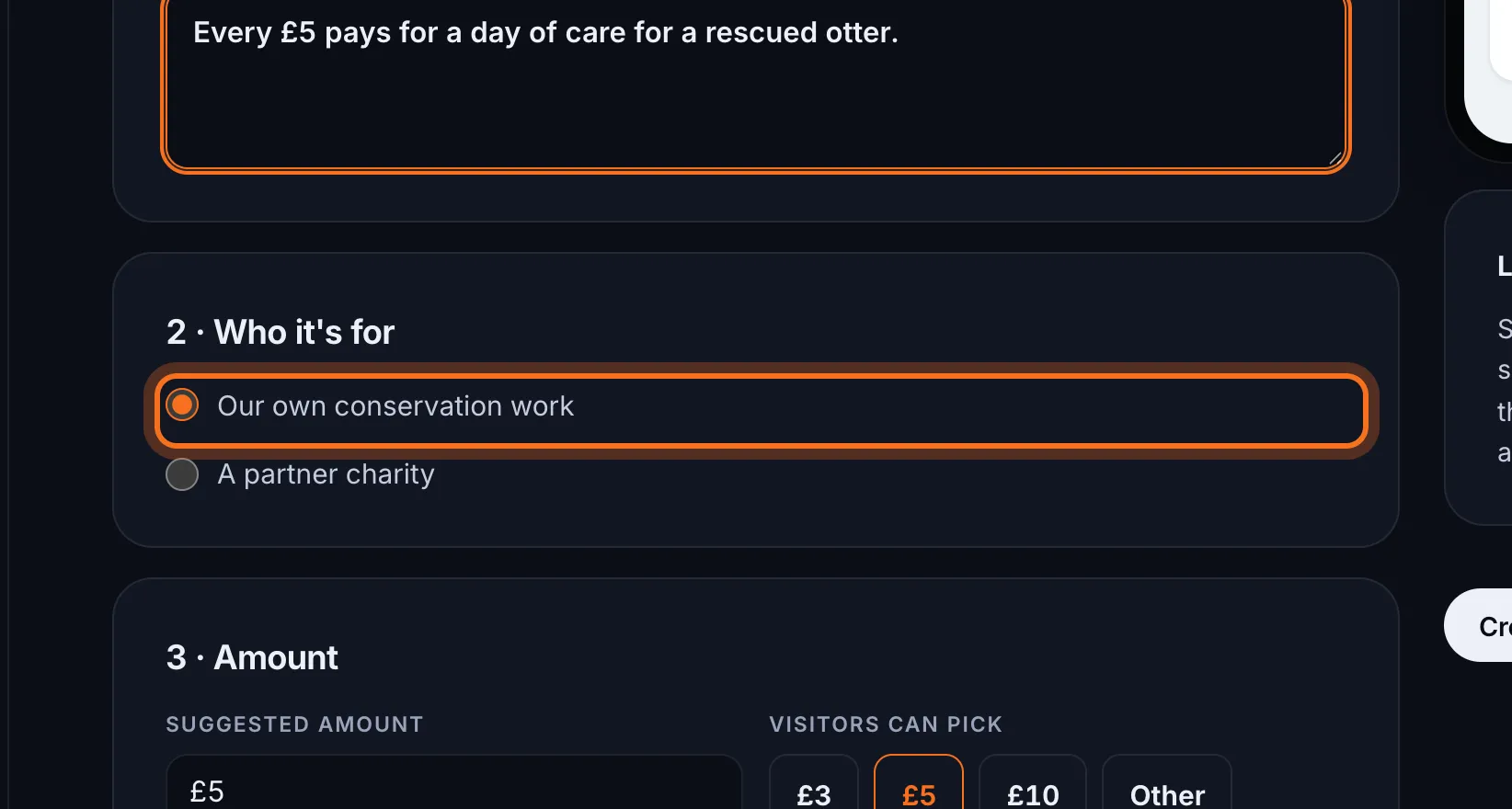 Step 4: Under 2 · Who it's for, choose Our own conservation work or A partner charity. For a charity, add its Charity name and Registered number.