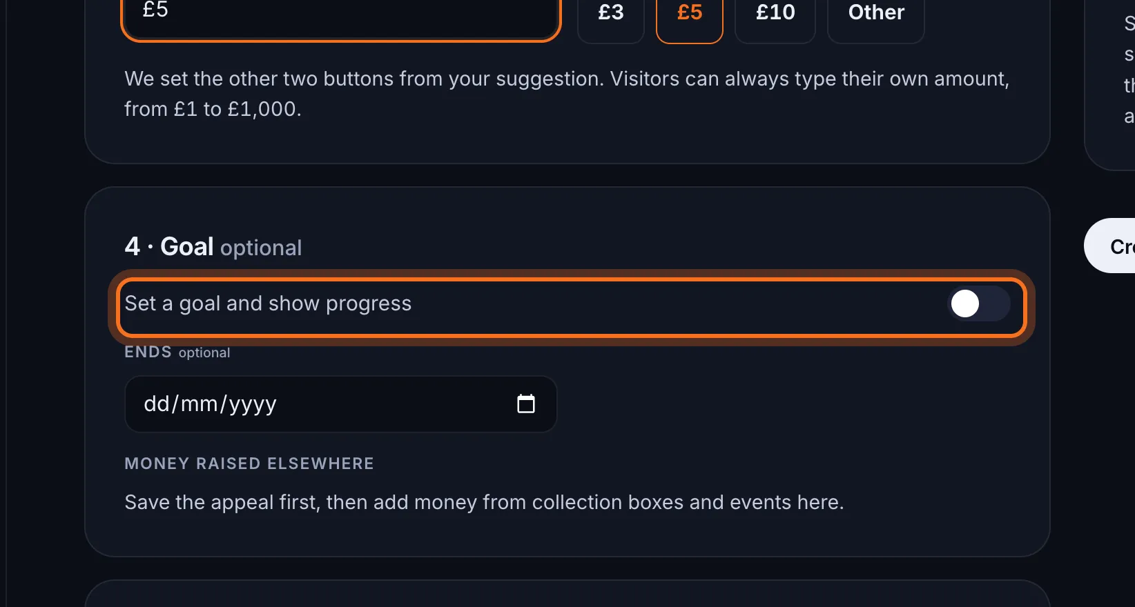 Step 6: If you want a goal, under 4 · Goal, switch on Set a goal and show progress. Then type the Goal and choose what happens When the goal is reached. You can also pick a date it Ends.