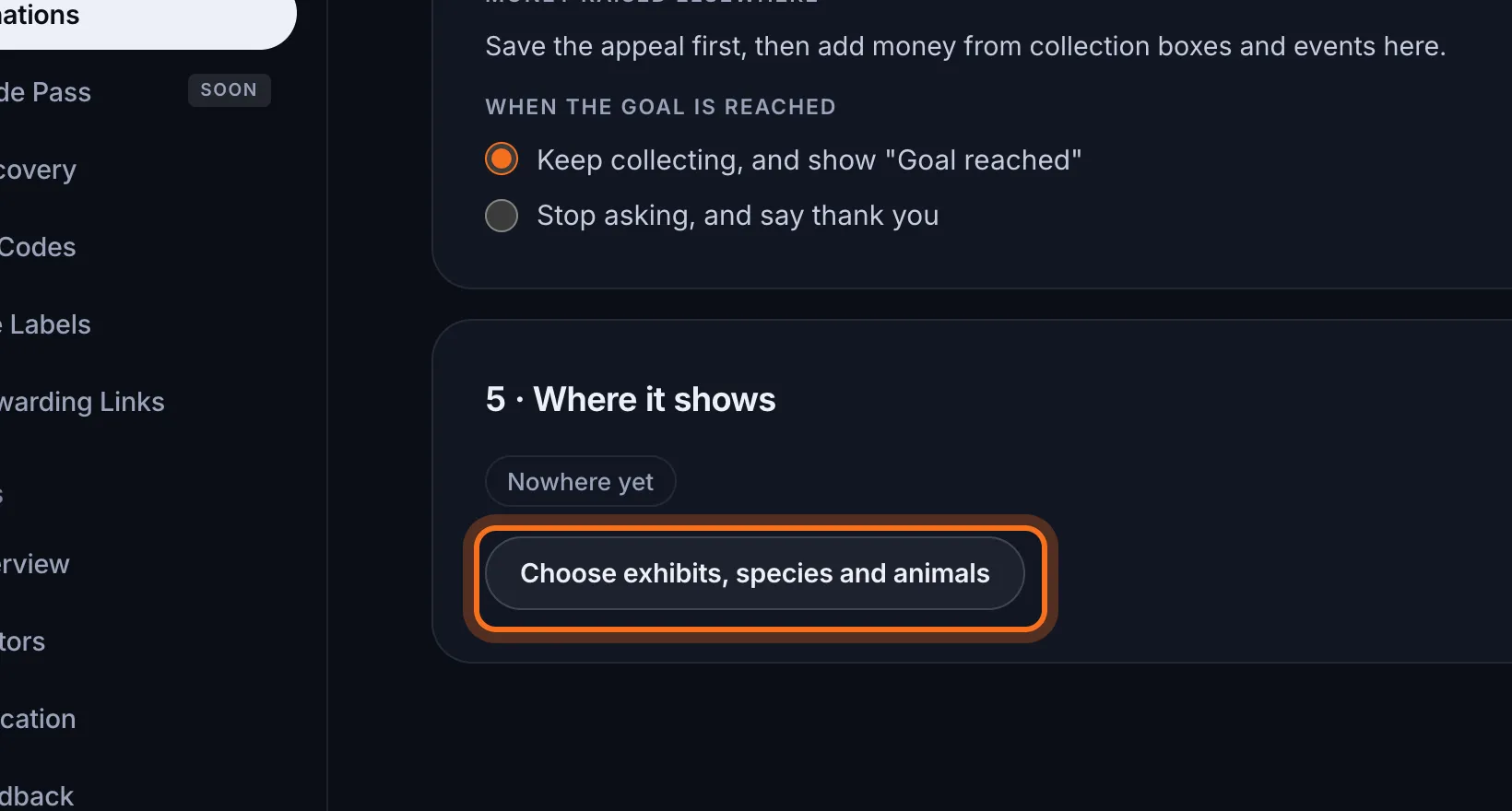 Step 7: Under 5 · Where it shows, click Choose exhibits, species and animals.