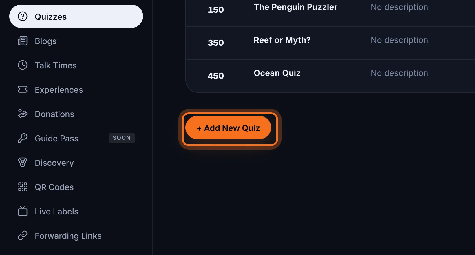 Step 2: Click + Add New Quiz, below the list of quizzes.