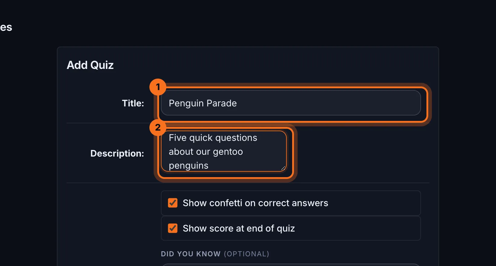 Step 3: Give the quiz a Title, and a Description if you like.