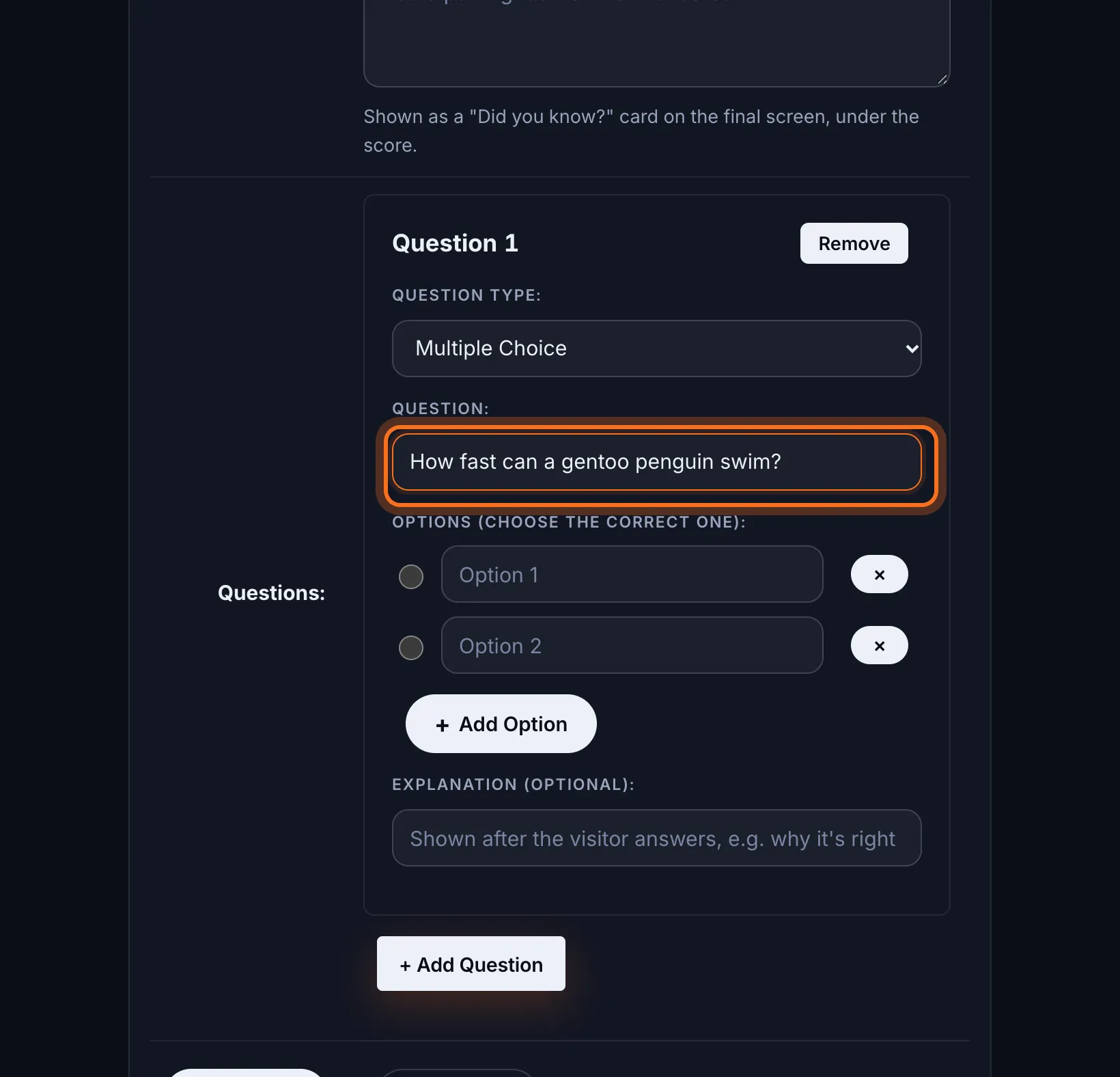 Step 4: Write the first question in Question.