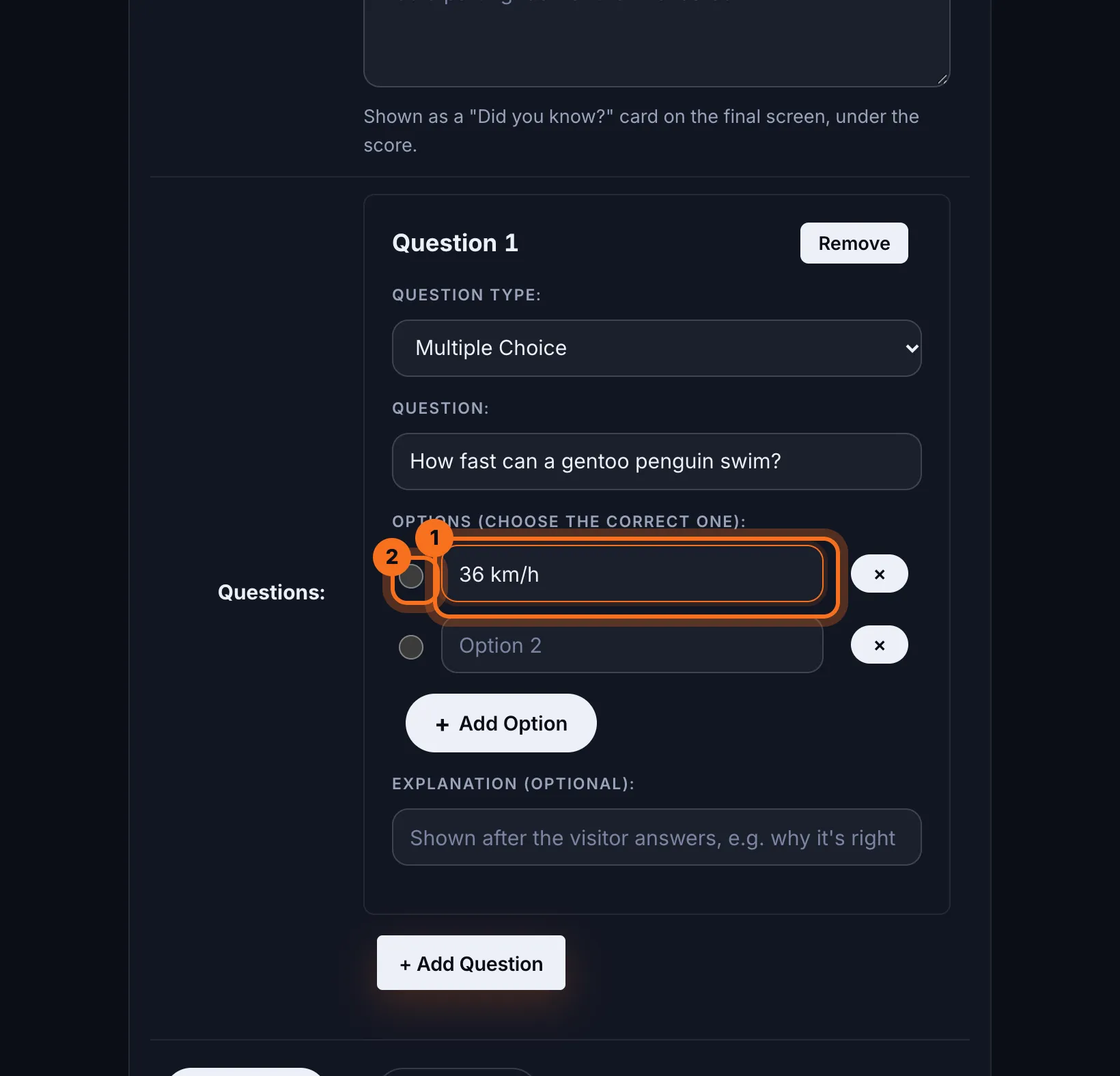 Step 5: Under Options, type the answers visitors choose from, then click the circle beside the right one.