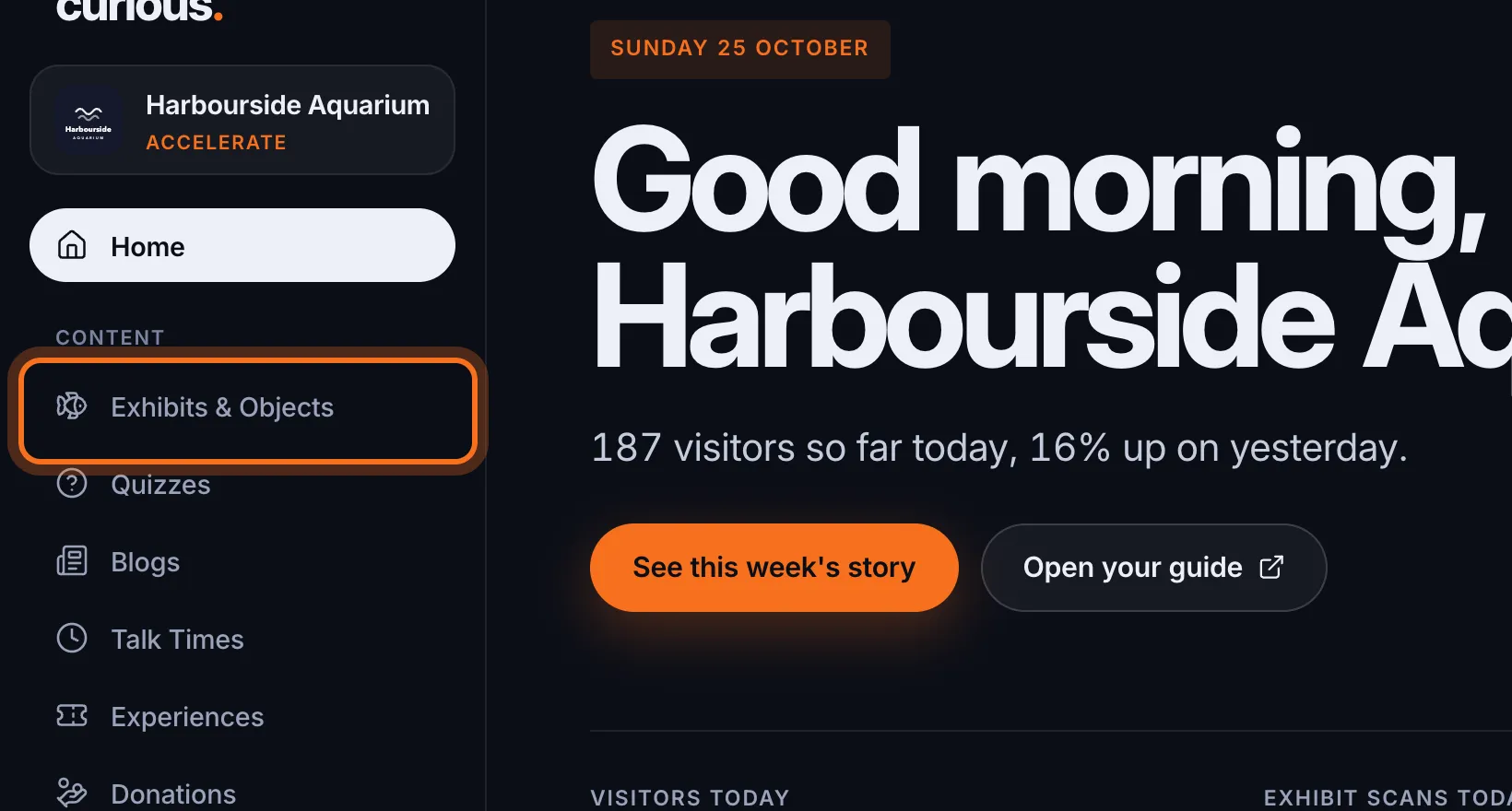 Step 1: In the sidebar, under Content, click Exhibits & Objects.
