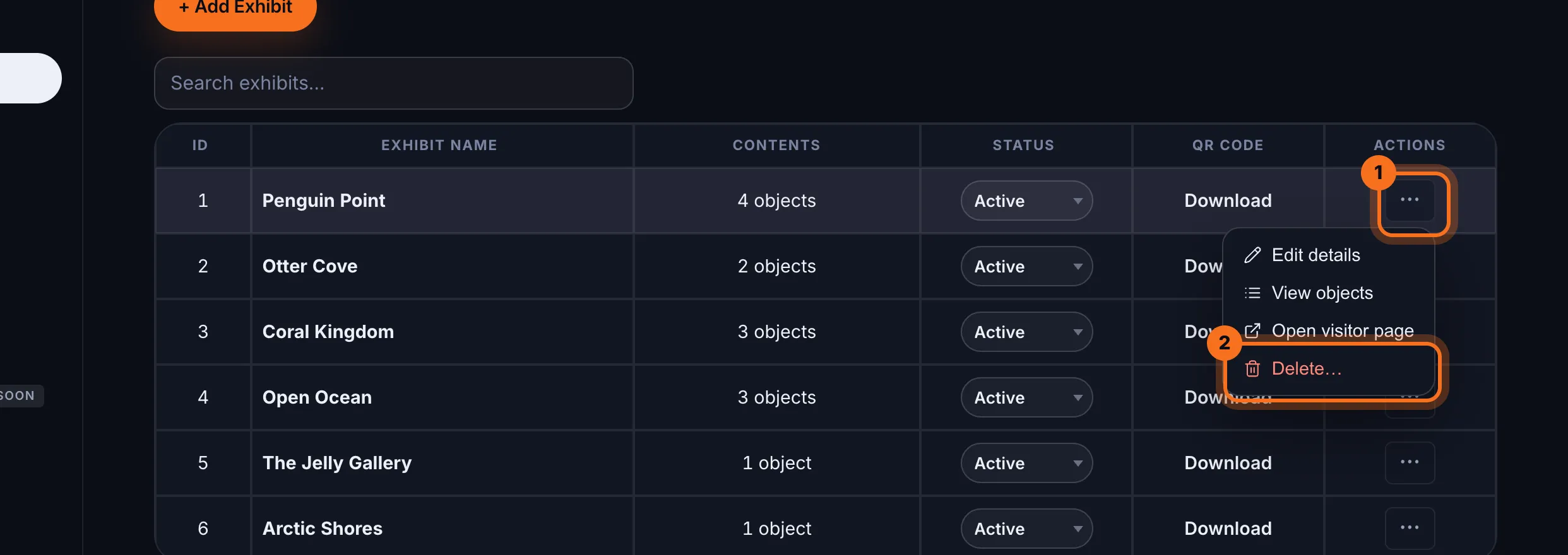 Step 2: Find the exhibit and click ⋯ at the end of its row, then Delete….