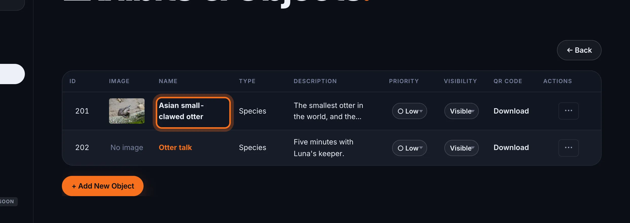 Step 3: Click the animal's name. Its fact file opens.
