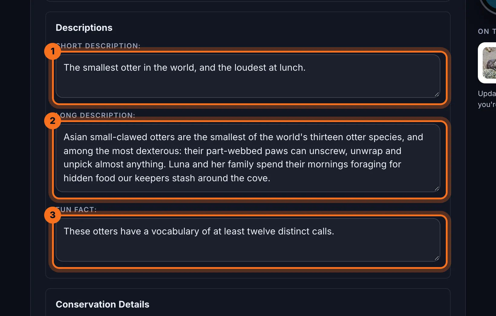 Step 4: Change what you need. Short Description is the line visitors see first, Long Description is the full story, and Fun Fact shows as “Did you know?”.