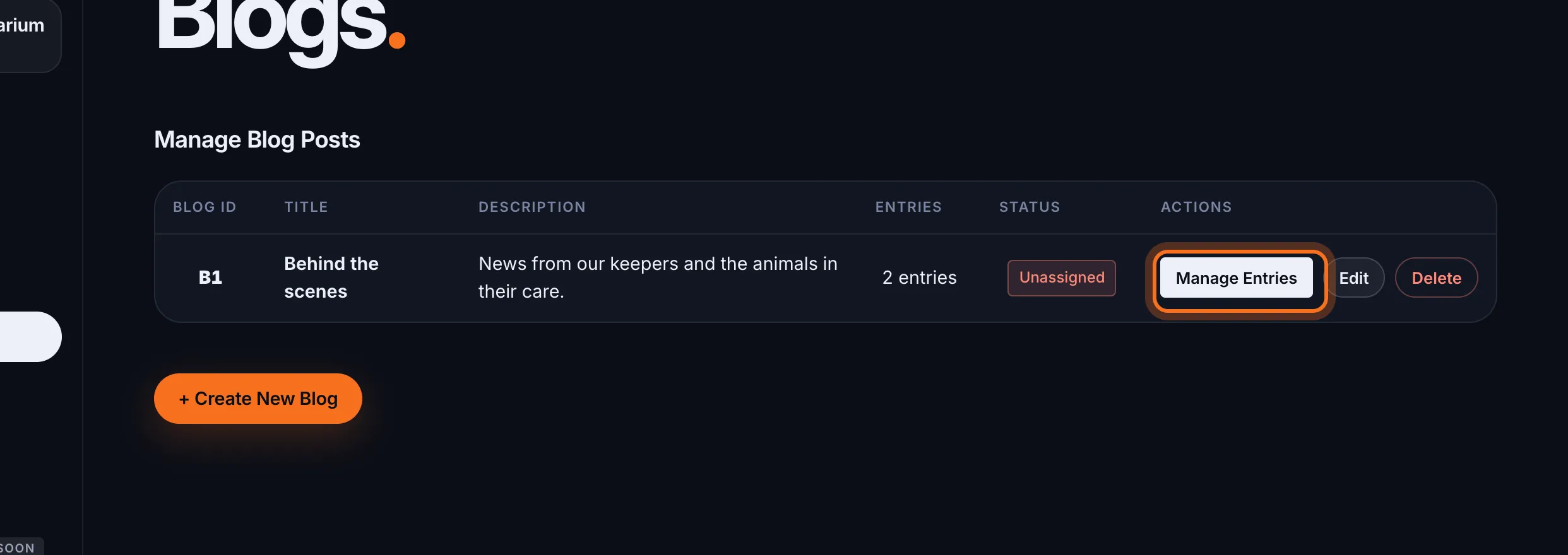 Step 2: In the blog's row, click Manage Entries. Its posts are listed.