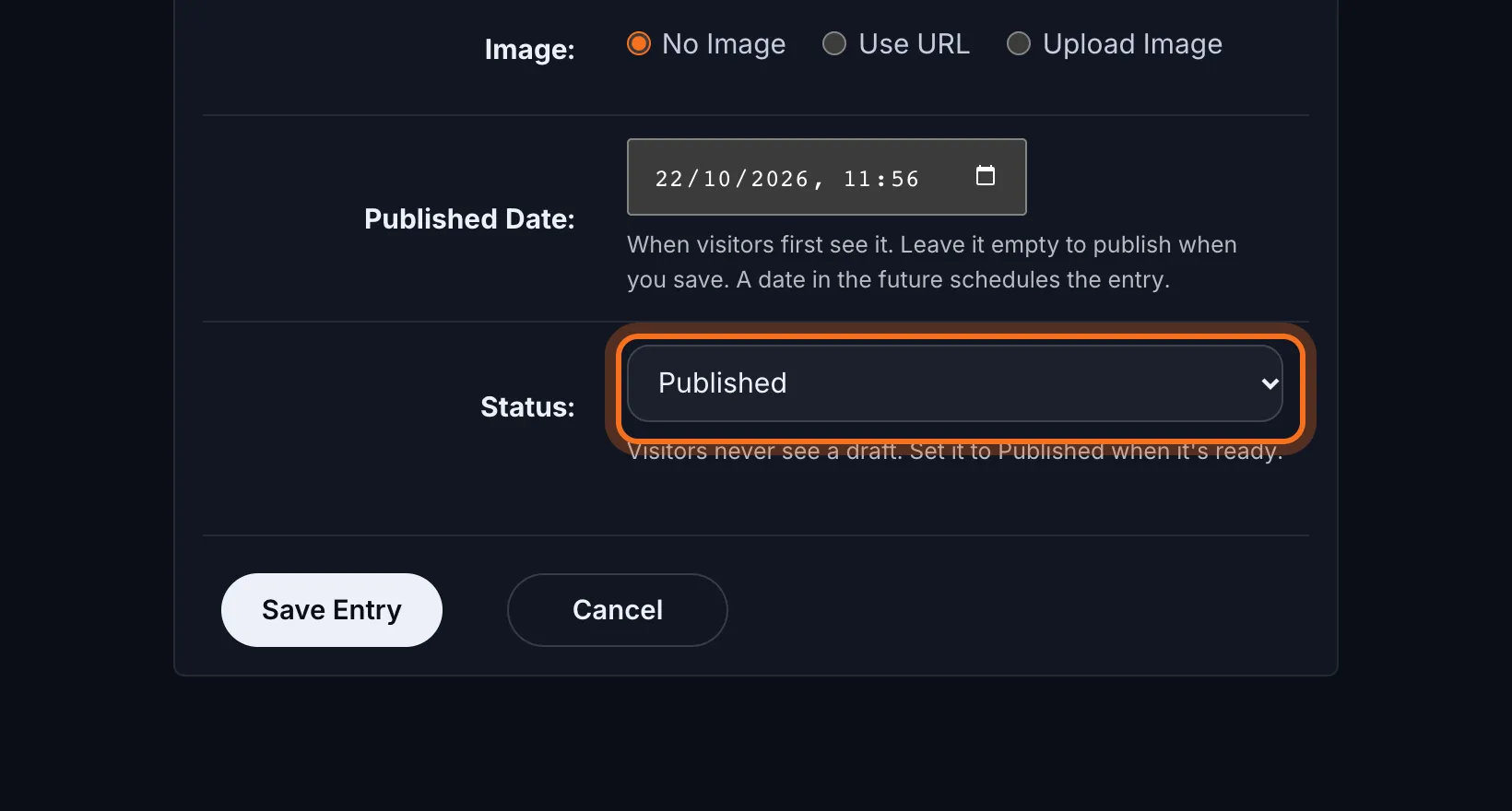 Step 4: Change what you need. To hide the post from visitors without deleting it, set Status to Draft.