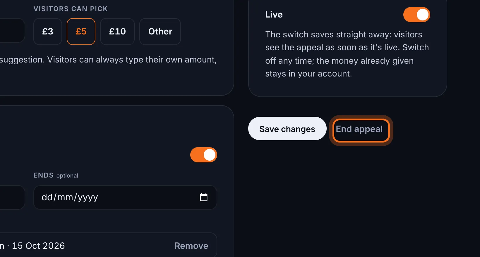 Step 3: Click End appeal, next to Save changes. It ends straight away.
