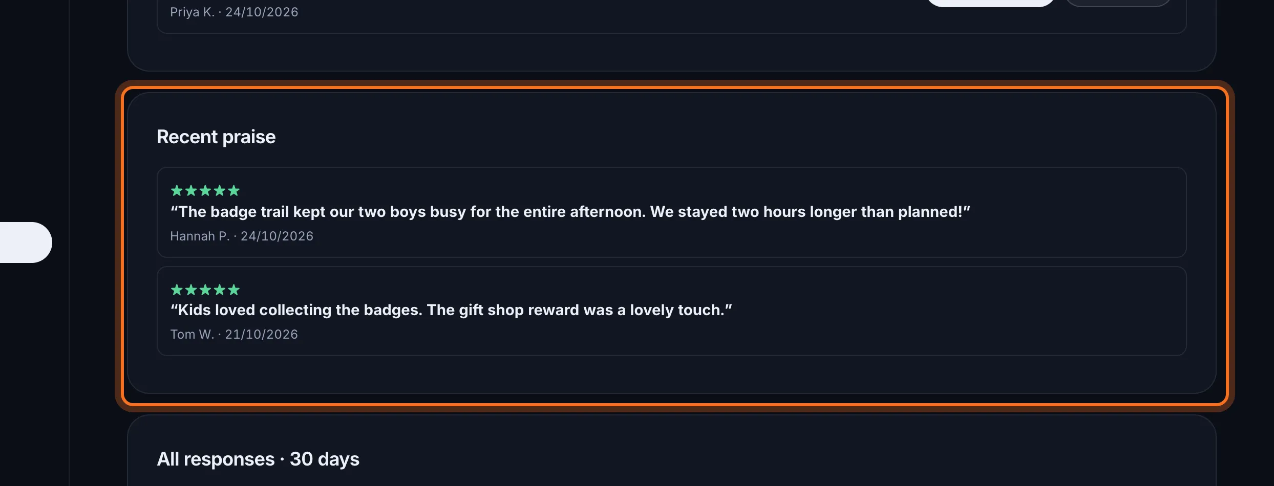 Step 2: Recent praise shows the latest 5-star ratings that came with a comment.