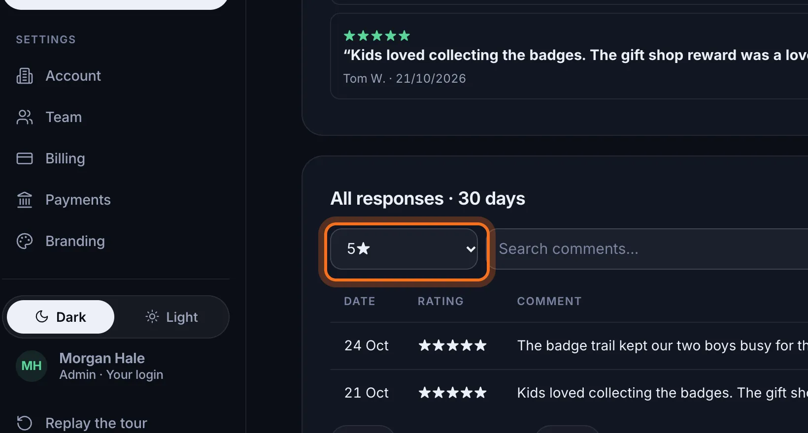 Step 3: To see every 5-star response, go to All responses and choose 5★.