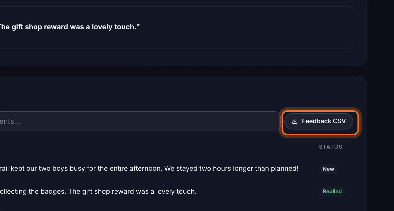 Step 4: To keep a list, click Feedback CSV. It downloads every response in the time period, with its rating and comment.